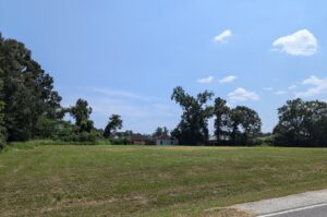 Empty lot where the new NE library will be built, with grass and trees in the distance.